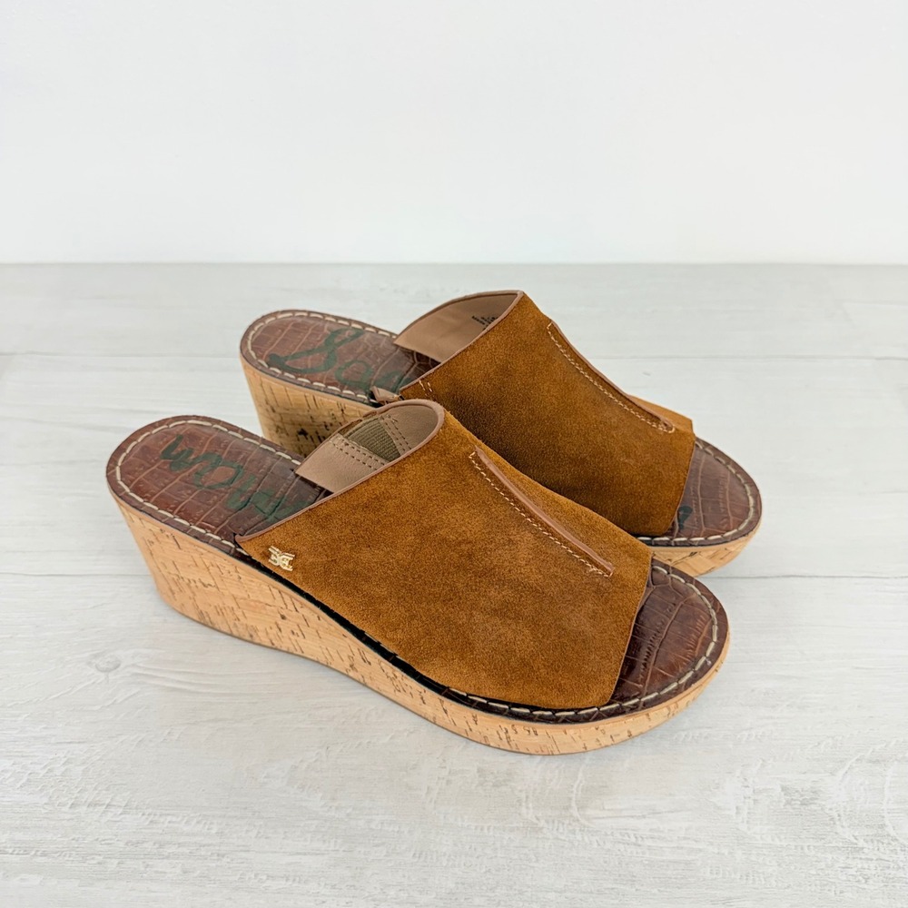 Sam Edelman Ranger Wedge Sandals Womens 8.5 Brown Suede Cork Platform Slide